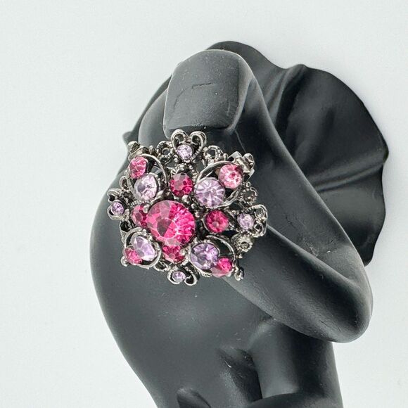 Vintage Purple Pink Crystal Rhinestone Cluster Starburst Fashion Ring Adjustable - Picture 3 of 8
